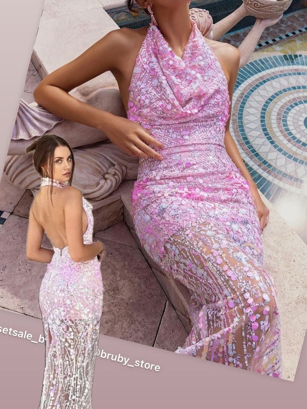 Pink Halter Backless Sequin Evening Gown